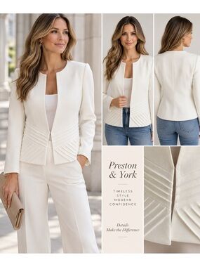 Preston & York Ivory Collarless Blazer Diagonal Raised Pintuck Detail Jacket 8